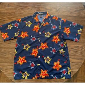 Street‎ Culture Men's Size Large Navy Blue Hawaiian / Star Burst Shirt Button